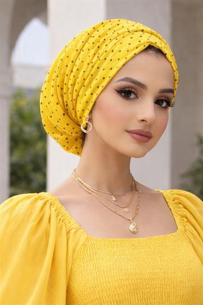 Sarı Siyah Puanlı Büzgülü Salaş Bone