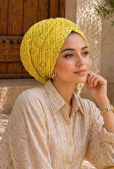 Sarı Siyah Puanlı Büzgülü Salaş Bone