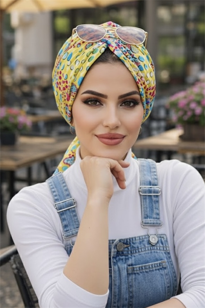 Sarı Yaz Desen Tokalı Bone