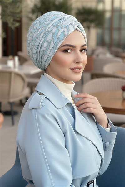 Beyaz Mavi Desenli Büzgülü Salaş Bone 