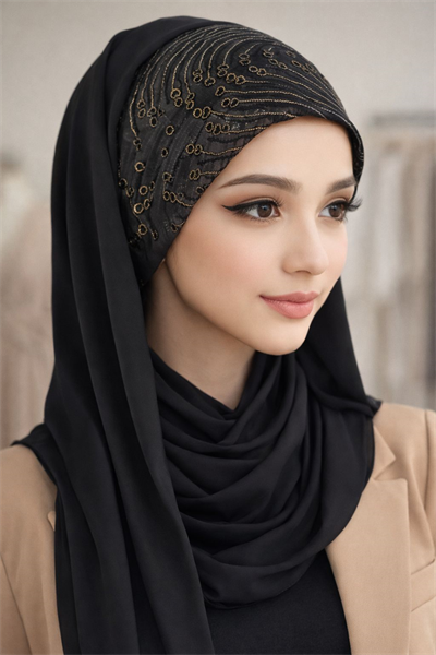 Siyah Antrasit Flok Baskılı Hazır Abiye Şal