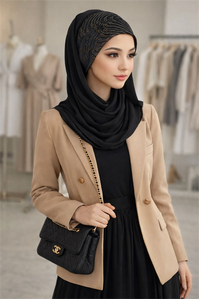 Siyah Antrasit Flok Baskılı Hazır Abiye Şal