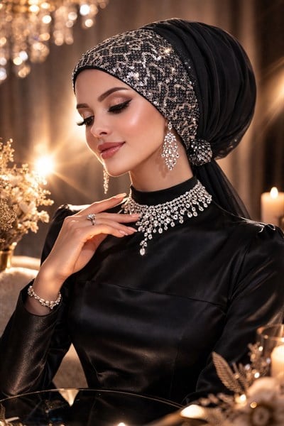 Siyah Antrasit Payetli Tokalı Bone