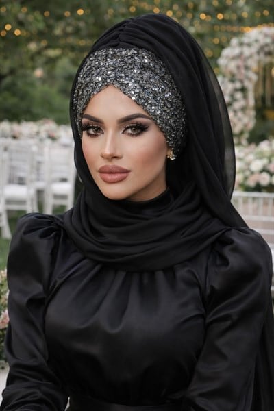 Siyah Antrasit Pul Payetli Abiye Şal