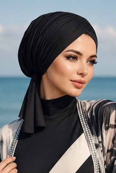 Siyah Bağcıklı Büzgülü Deniz - Havuz Bonesi