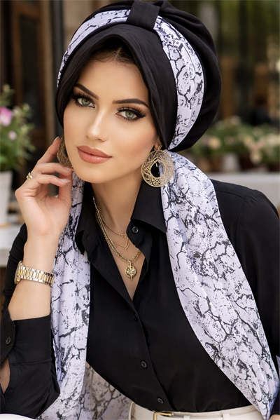 Siyah Beyaz Batik Desen Fularlı Şapka Bone
