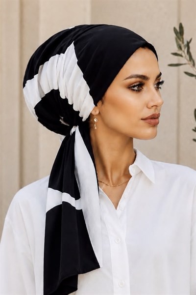 Siyah Beyaz Desen Eşarp Bone