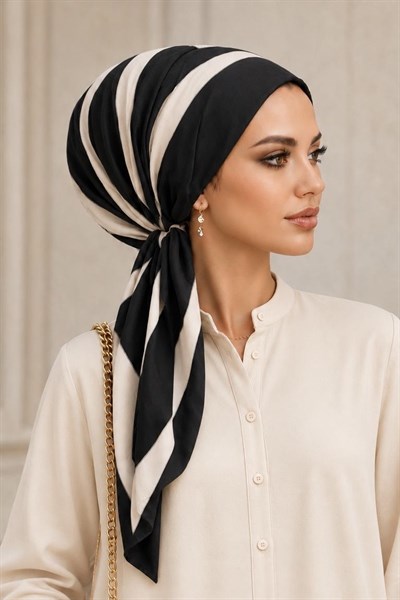 Siyah Beyaz Desen Eşarp Bone