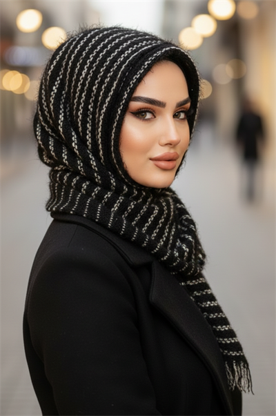 Siyah Beyaz Kapüşonlu Kışlık Çıtçıtlı Şal