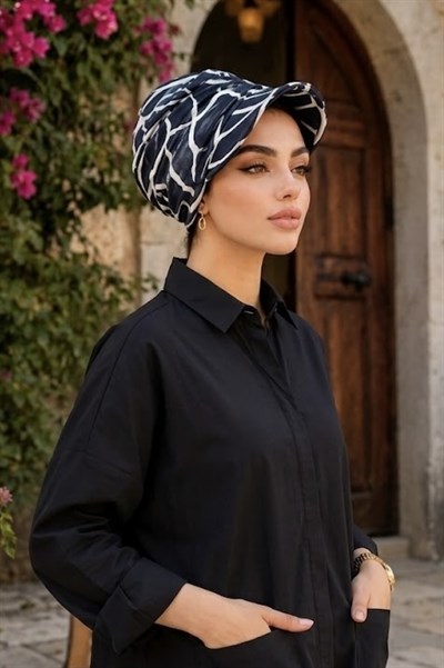 Siyah Beyaz Mermer Desen Tesettür Şapka Bone
