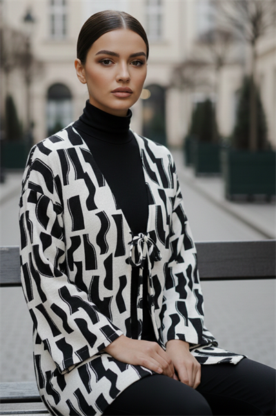 Siyah Beyaz Önü Bağlamalı Kimono Tunik