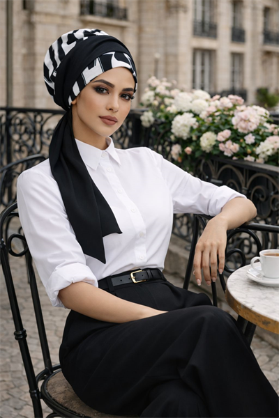 Siyah Beyaz Piliseli Fularlı Bone