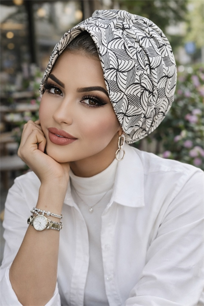 Siyah Beyaz Spiral Desenli Tesettür Şapka Bone