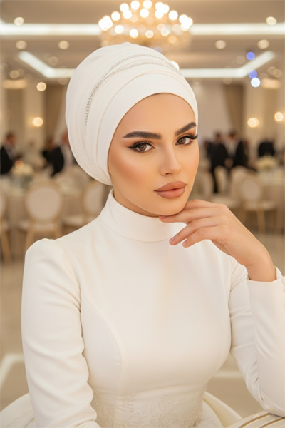 Beyaz Taşlı Atkılı Abiye Bone