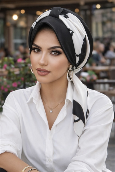 Siyah Beyaz Yaprak Desen Fularlı Şapka Bone