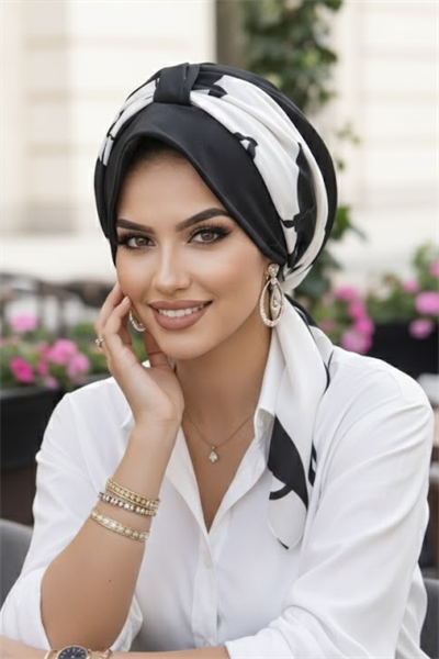 Siyah Beyaz Yaprak Desen Fularlı Şapka Bone