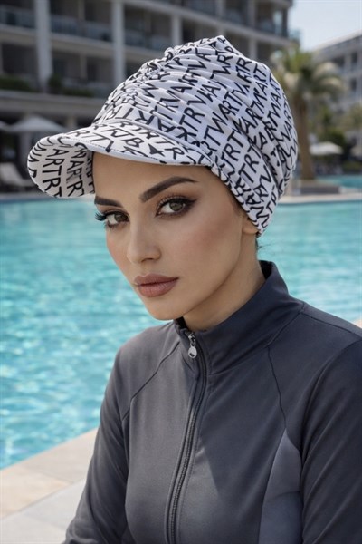  Siyah Beyaz Yazı Desen Havuz - Deniz Şapkası / Mayo Üstüne Kullanılabilir