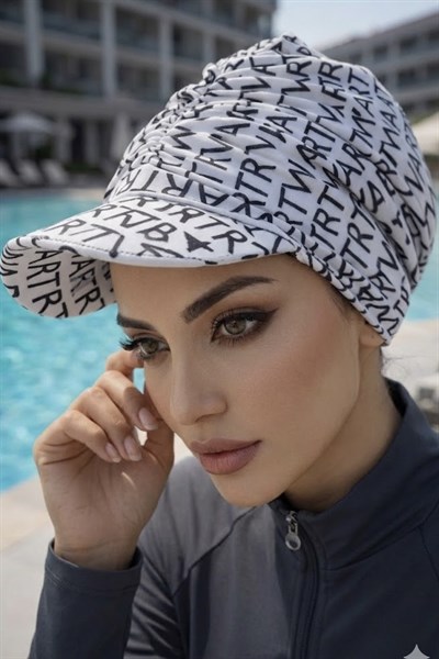  Siyah Beyaz Yazı Desen Havuz - Deniz Şapkası / Mayo Üstüne Kullanılabilir