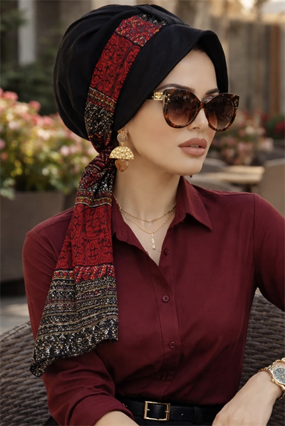 Siyah Bordo Etnik Desen Şapkalı Bone