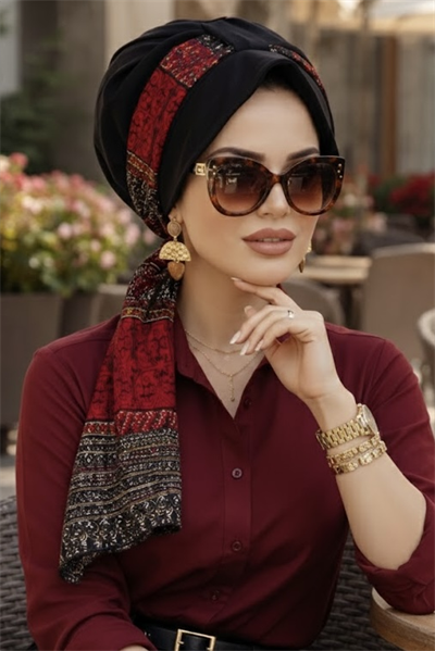 Siyah Bordo Etnik Desen Şapkalı Bone