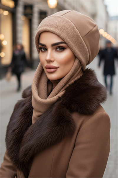 Camel Atkılı Tesettür Bere / UZUN ATKILI