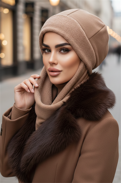 Camel Atkılı Tesettür Bere / UZUN ATKILI