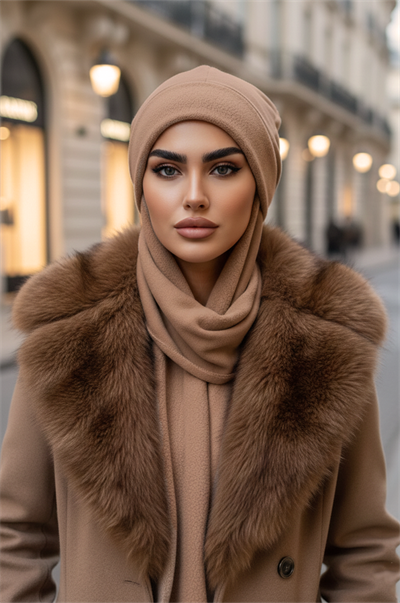 Camel Atkılı Tesettür Bere / UZUN ATKILI