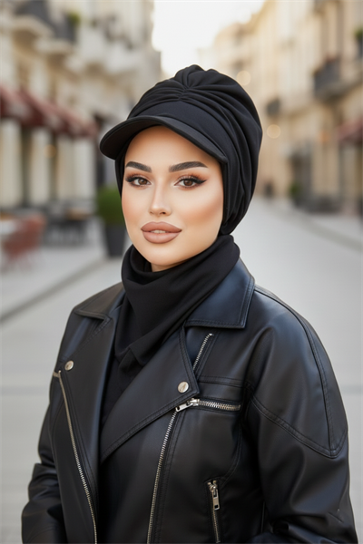 Siyah Büzgülü Tesettür Şapka