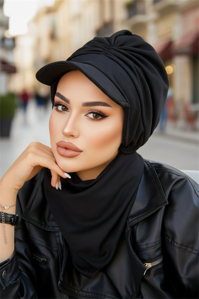 Siyah Büzgülü Tesettür Şapka