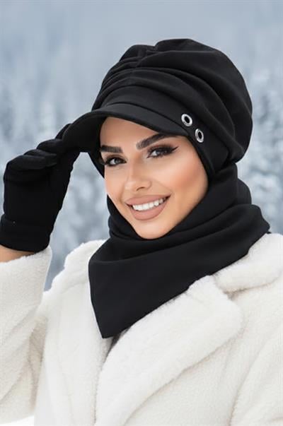 Siyah Büzgülü Tesettür Şapka Ve Etol Takım