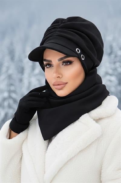 Siyah Büzgülü Tesettür Şapka Ve Etol Takım