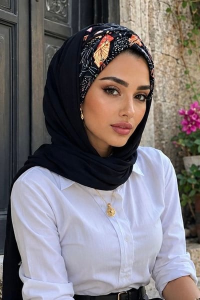 Siyah Çiçek Desen Hazır Şal