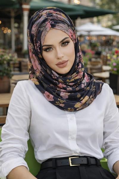 Siyah Çiçek Desen Hazır Şal