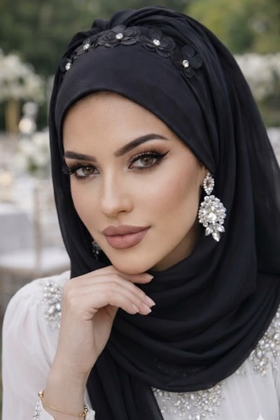 Siyah Çiçek Taşlı Hazır Abiye Şal