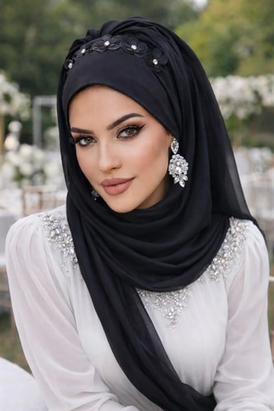 Siyah Çiçek Taşlı Hazır Abiye Şal