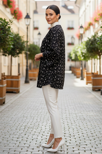 Siyah Çiçekli Önü Bağlamalı Kimono Tunik / Likralı Yazlık Kumaş