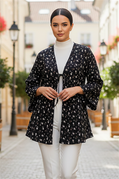 Siyah Çiçekli Önü Bağlamalı Kimono Tunik / Likralı Yazlık Kumaş