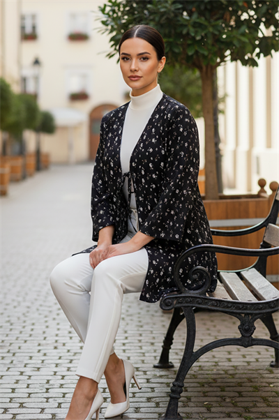Siyah Çiçekli Önü Bağlamalı Kimono Tunik / Likralı Yazlık Kumaş