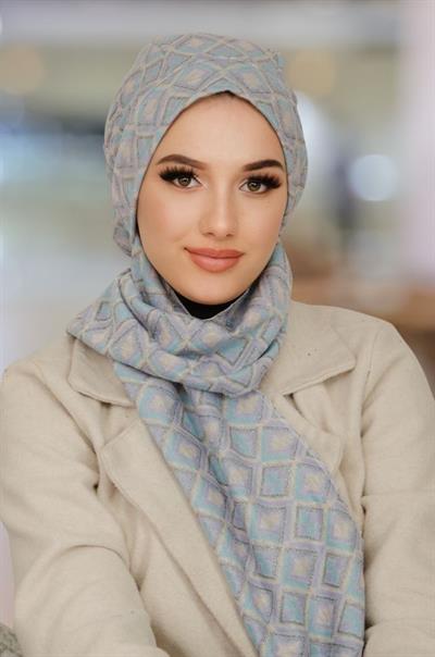 Mavi Gri Desenli Tesettür Bere