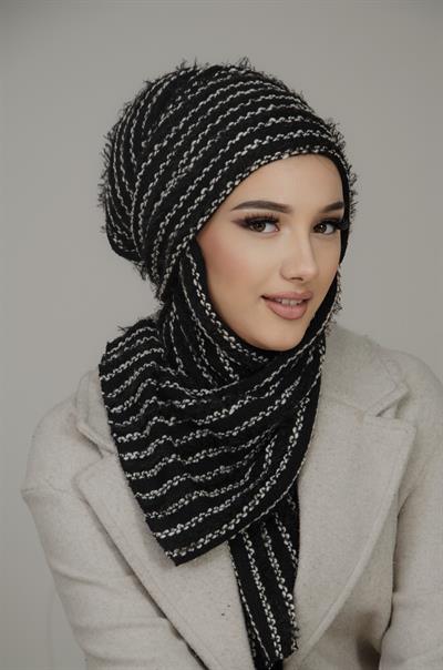 Siyah Çizgili Kelebek Bone Şal