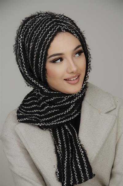 Siyah Çizgili Kelebek Model Büzgülü Bone Şal