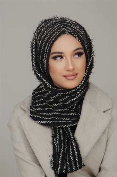 Siyah Çizgili Kelebek Model Büzgülü Bone Şal