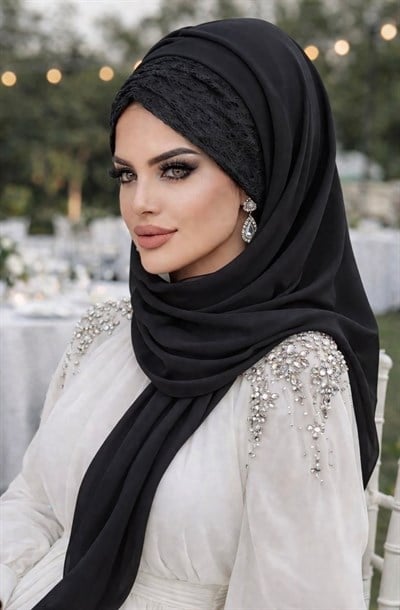 Siyah Dantelli Hazır Şifon Şal