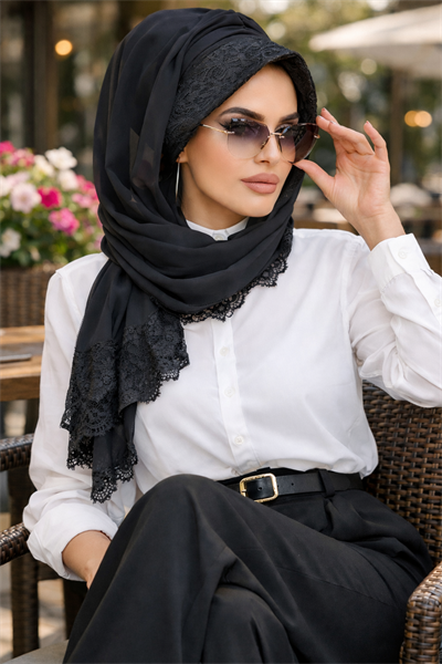 Siyah Dantelli Şapka Şal