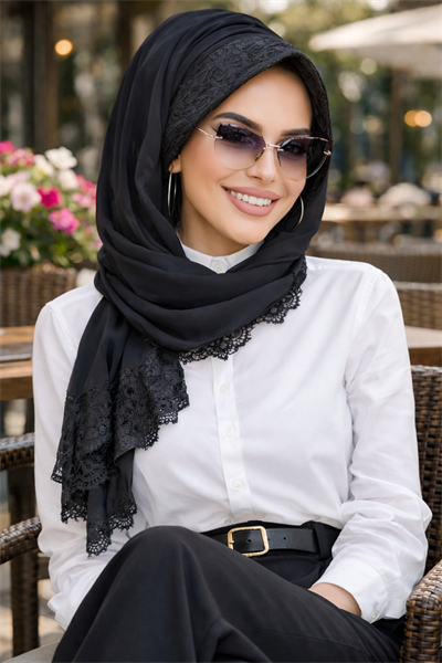 Siyah Dantelli Şapka Şal