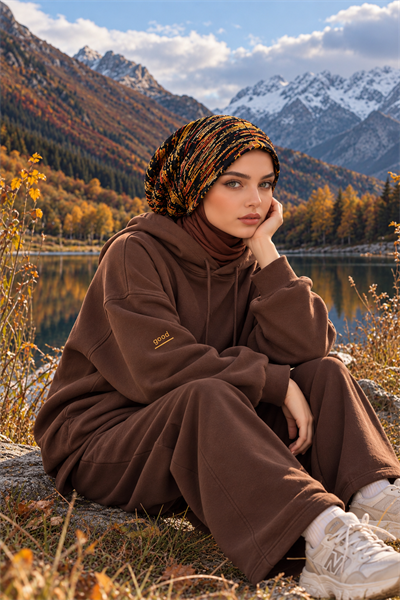 Safran Kahve Desenli Şallı Salaş Bere – Tesettür Bere