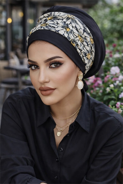 Siyah Ekru Desen Bantlı Bone