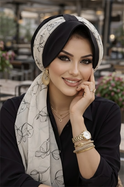 Siyah Ekru Desen Fularlı Şapka Bone