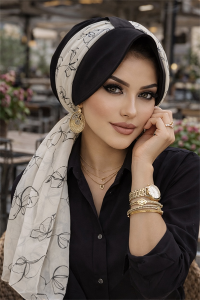 Siyah Ekru Desen Fularlı Şapka Bone