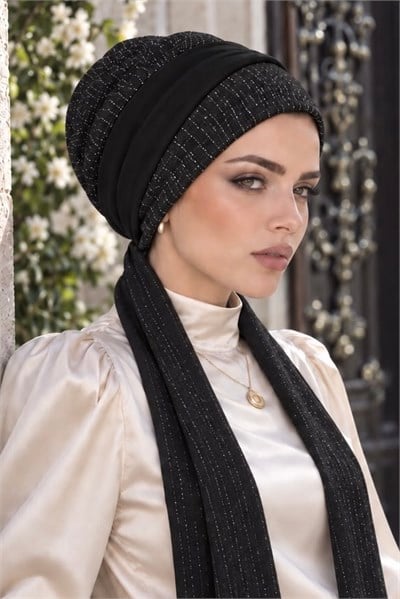 Siyah Fitilli Işıltılı Atkılı Bone